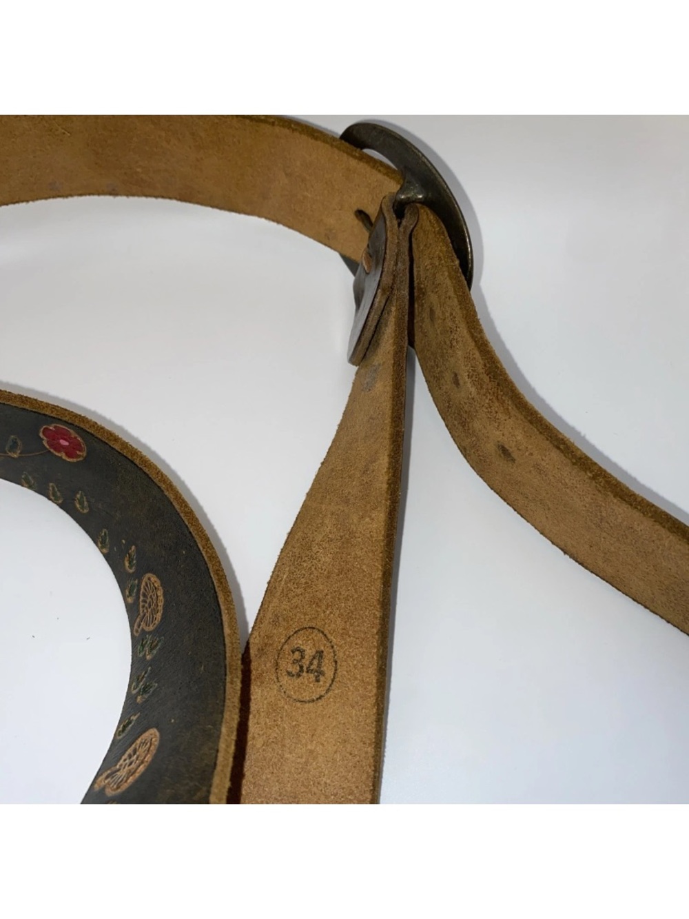 Vintage TYCHIOS LEATHER Belt-Brass Buckle-Hand Tooled/Painted-SZ 34-Portland, OR - Picture 7 of 9